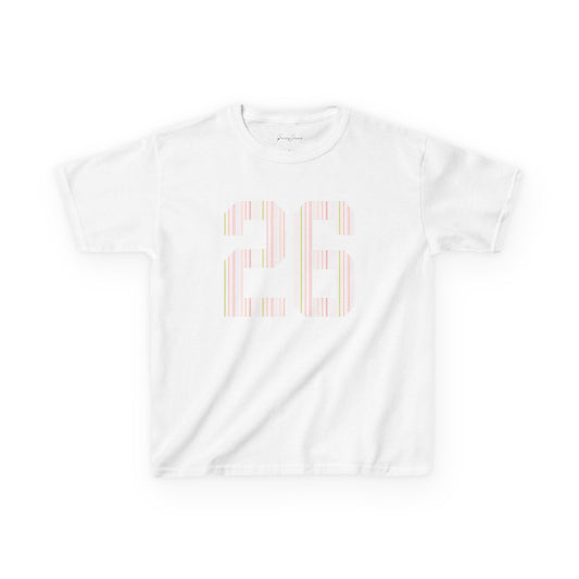 White baby tee with pastel summer striped 26 graphic – soft Y2K jersey-style crop top for women, cute and colorful cotton shirt by Gracey Jeans