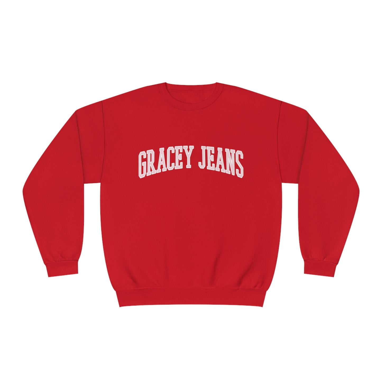 Red Ash grey gray navy crewneck sweatshirt with bold white pink GRACEY JEANS text – retro college-style oversized pullover for women, cozy cotton fleece by Gracey Jeans