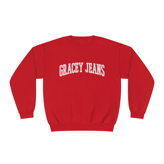 Red Ash grey gray navy crewneck sweatshirt with bold white pink GRACEY JEANS text – retro college-style oversized pullover for women, cozy cotton fleece by Gracey Jeans
