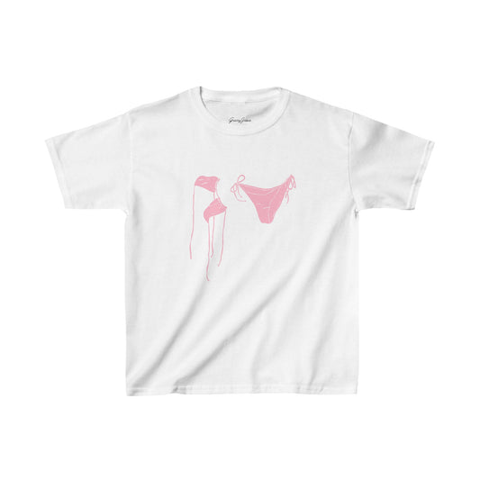 White baby tee with pink bikini graphic, Y2K-inspired summer crop top for women, soft cotton beach shirt – Gracey Jeans