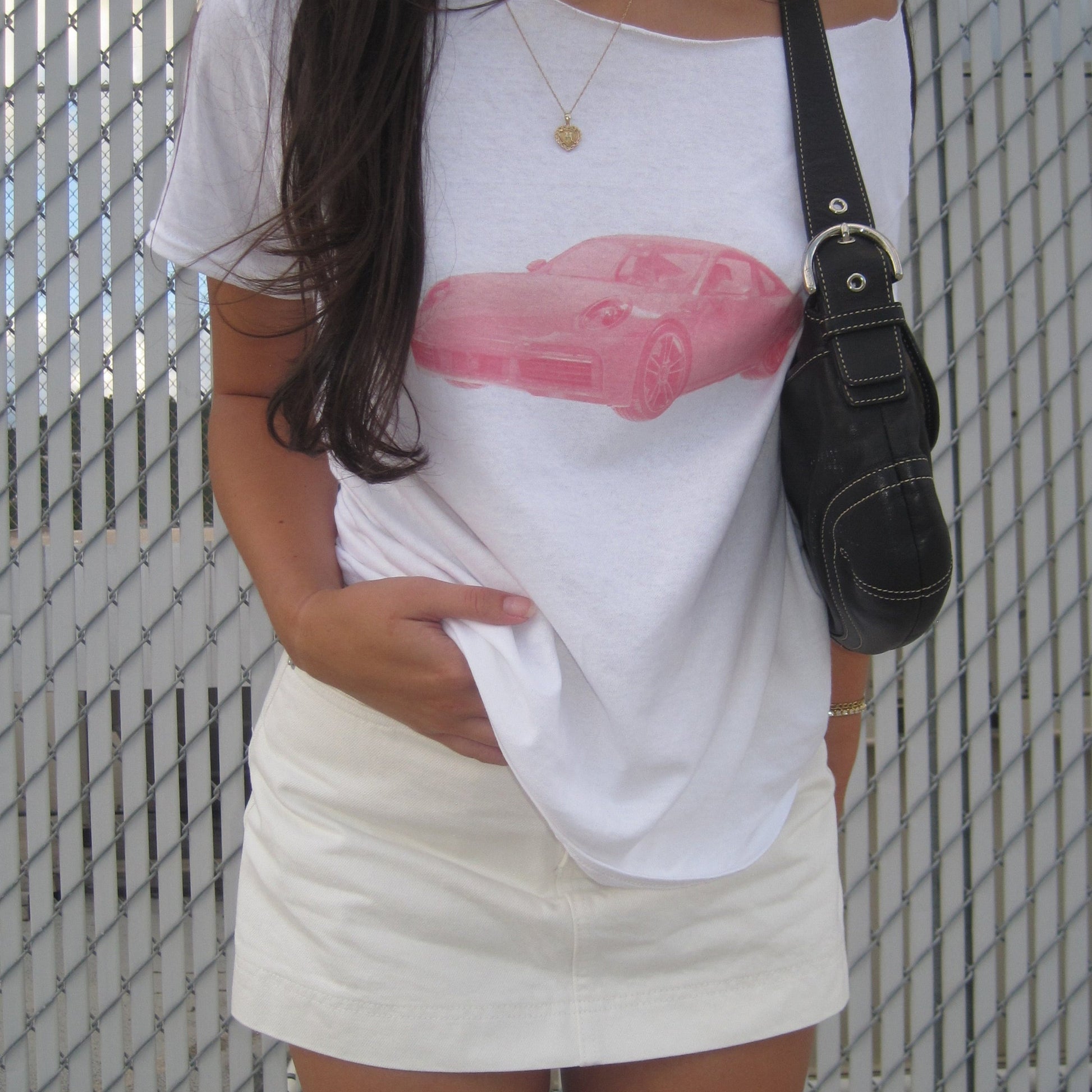 White baby tee with pink porsche sports car graphic – trendy Y2K crop top for women, retro aesthetic, soft cotton t-shirt for summer outfits by Gracey Jeans
