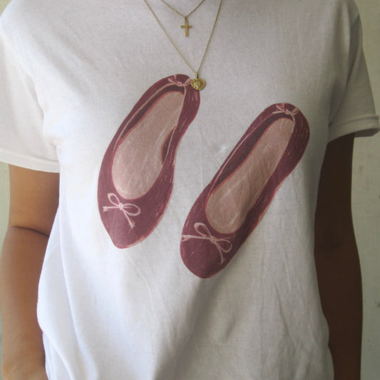 White baby tee with red purple burgundy pink ballet flats graphic – coquette aesthetic crop top for women, soft cotton Y2K-inspired shirt with girly vintage style by Gracey Jeans