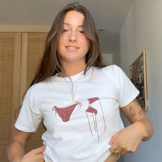 White baby tee with red bikini graphic, Y2K-inspired summer crop top for women, soft cotton beach shirt – Gracey Jeans