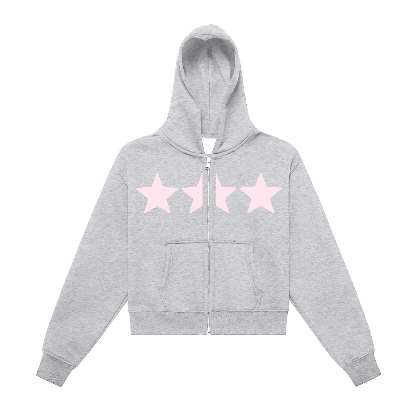 Heather gray zip-up hoodie with three light pink stars across the chest – girly Y2K cropped sweatshirt for women, soft cotton fleece by Gracey Jeans