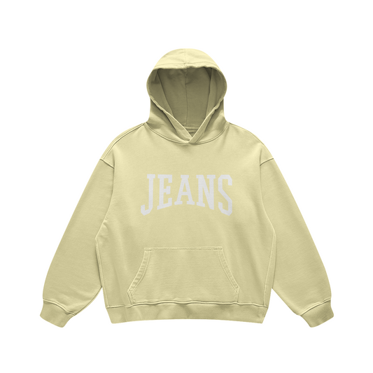 Yellow oversized hoodie with bold white “JEANS” graphic – trendy Y2K pullover sweatshirt for women, cozy cotton fleece, retro streetwear by Gracey Jeans