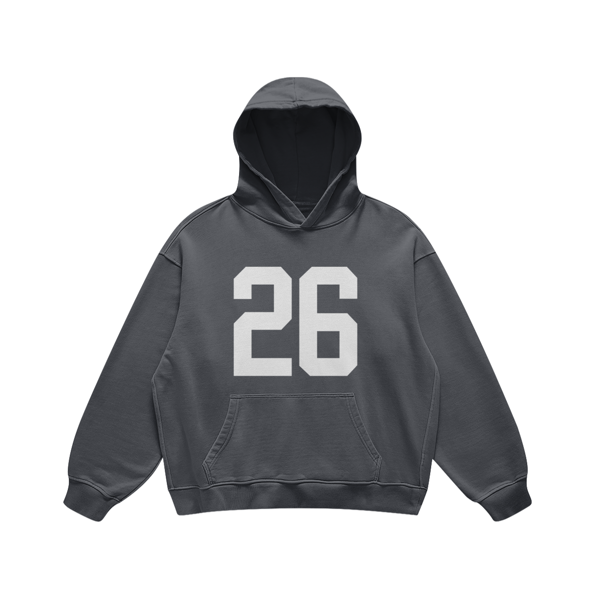 Dark gray hoodie with bold white 26 graphic – oversized Y2K jersey-style sweatshirt for women, retro sporty aesthetic, cotton fleece pullover by Gracey Jeans