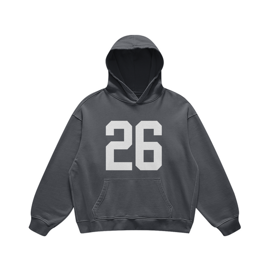 Dark gray hoodie with bold white 26 graphic – oversized Y2K jersey-style sweatshirt for women, retro sporty aesthetic, cotton fleece pullover by Gracey Jeans