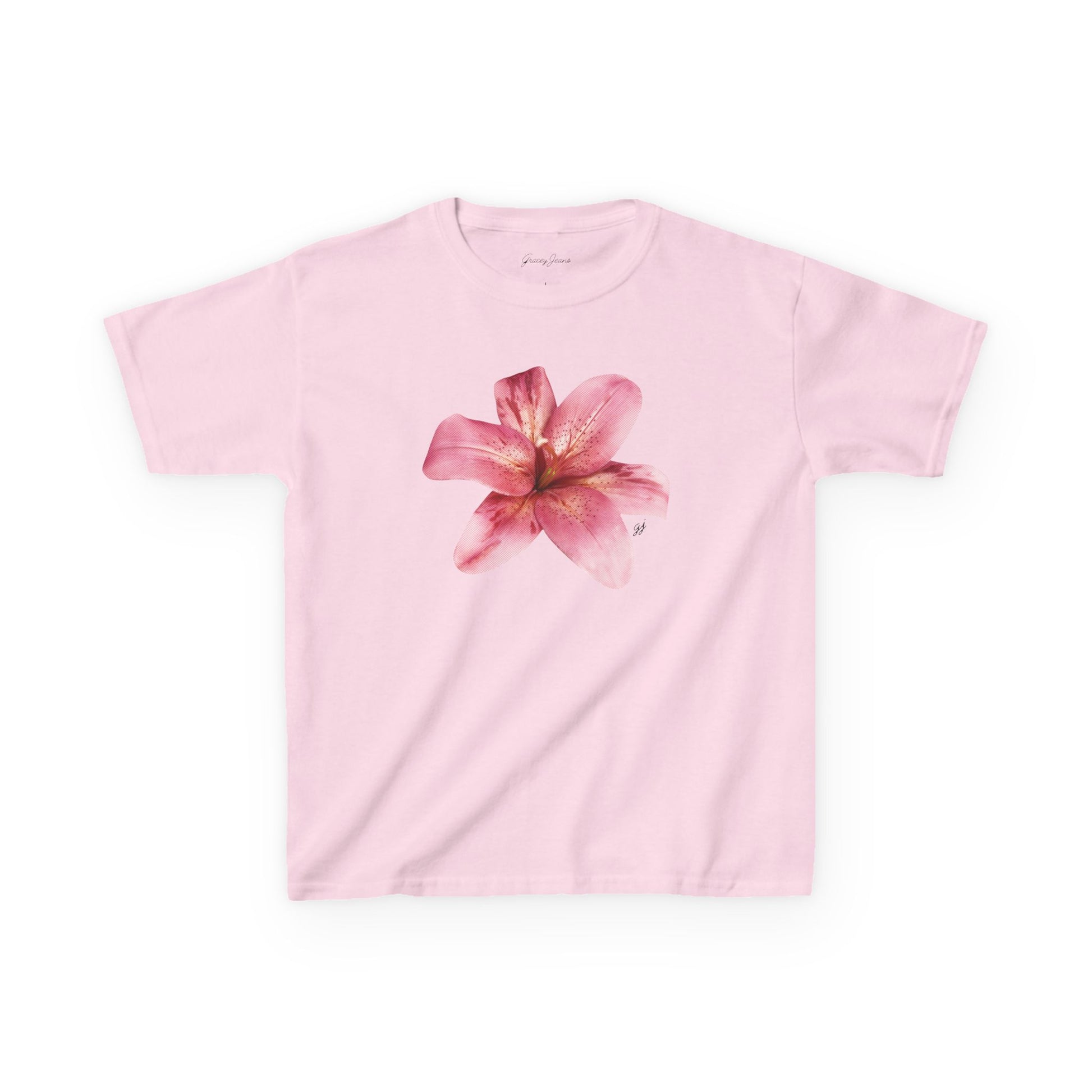 White baby tee with large pink lily flower graphic – soft and feminine Y2K-inspired crop top for women, floral aesthetic cotton shirt by Gracey Jeans